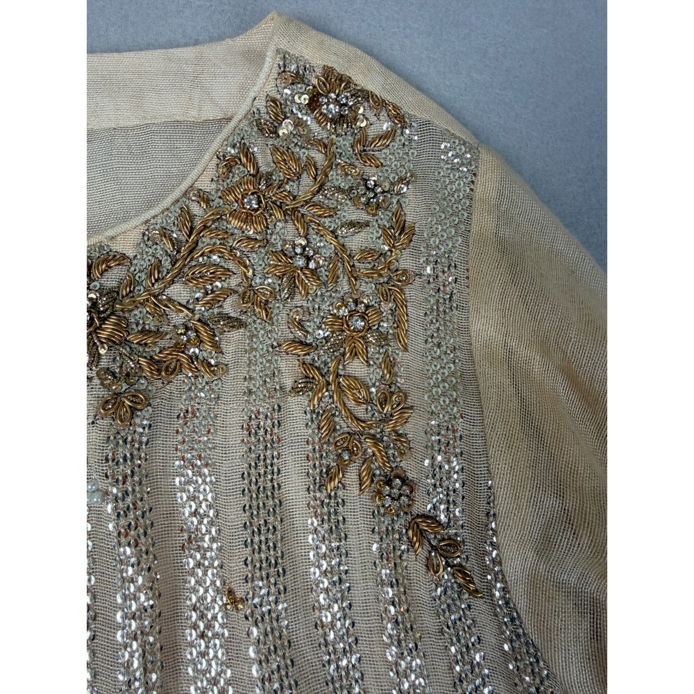 Agha Noor Women M Gold Sequin Floral Embroidered Kurta Tunic Beige Chiffon - Picture 4 of 9